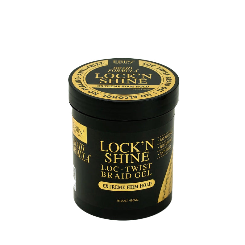 EBIN Lock N Shine loc twist braid gel for extreme hold black and gold 16 oz jar for braids and locs