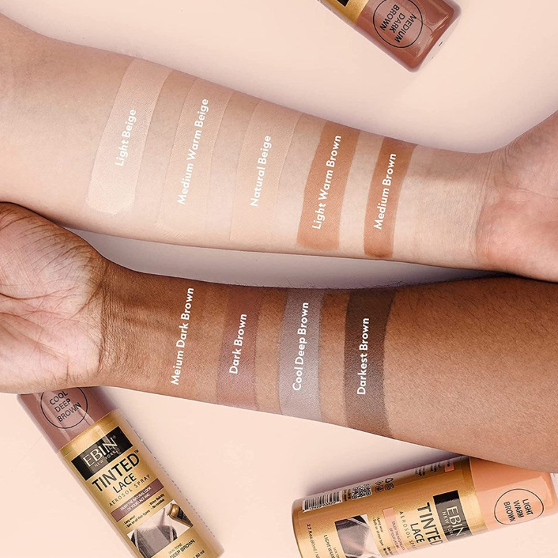 EBIN hair care shade swatches on two arms with bottles showing cool deep brown lace tint spray options