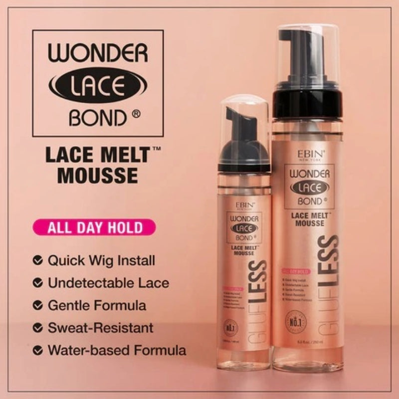EBIN Wonder Lace Bond glueless lace melt mousse bottles with pump and feature list for all day hold