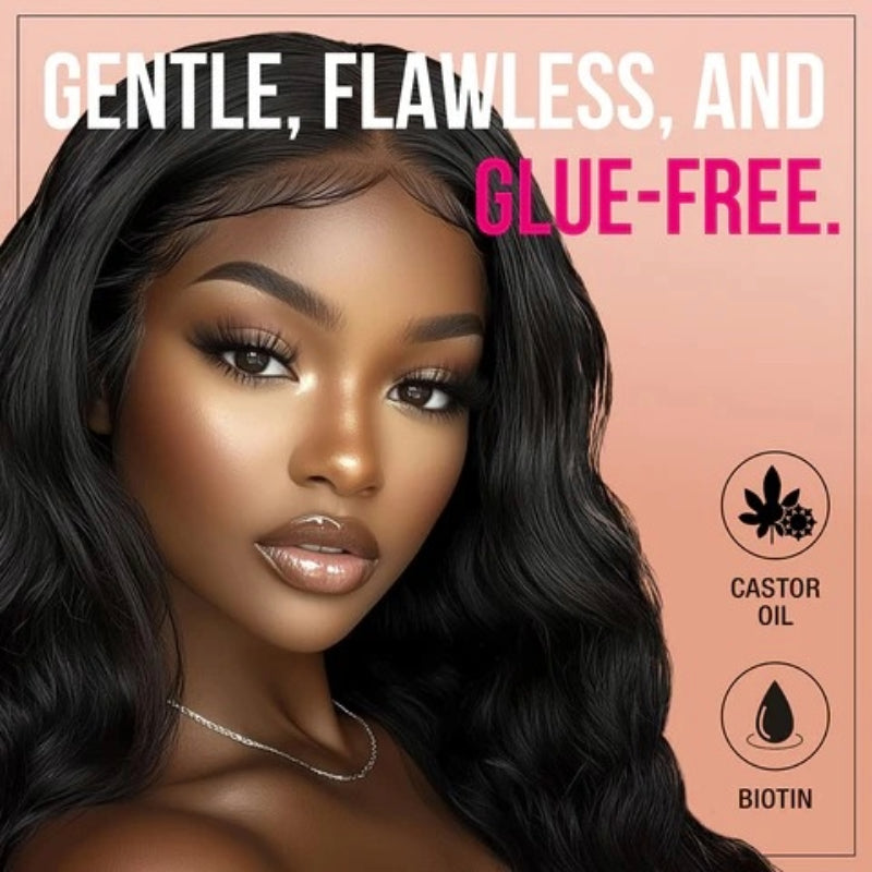 EBIN model with long wavy black hair promoting glueless lace melt mousse glue free formula with castor oil and biotin