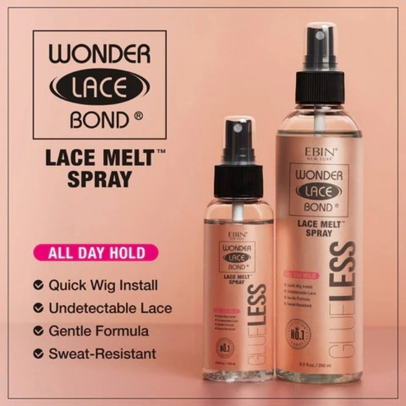EBIN Wonder Lace Bond glueless lace wig melt spray two bottles on peach background showing product labels