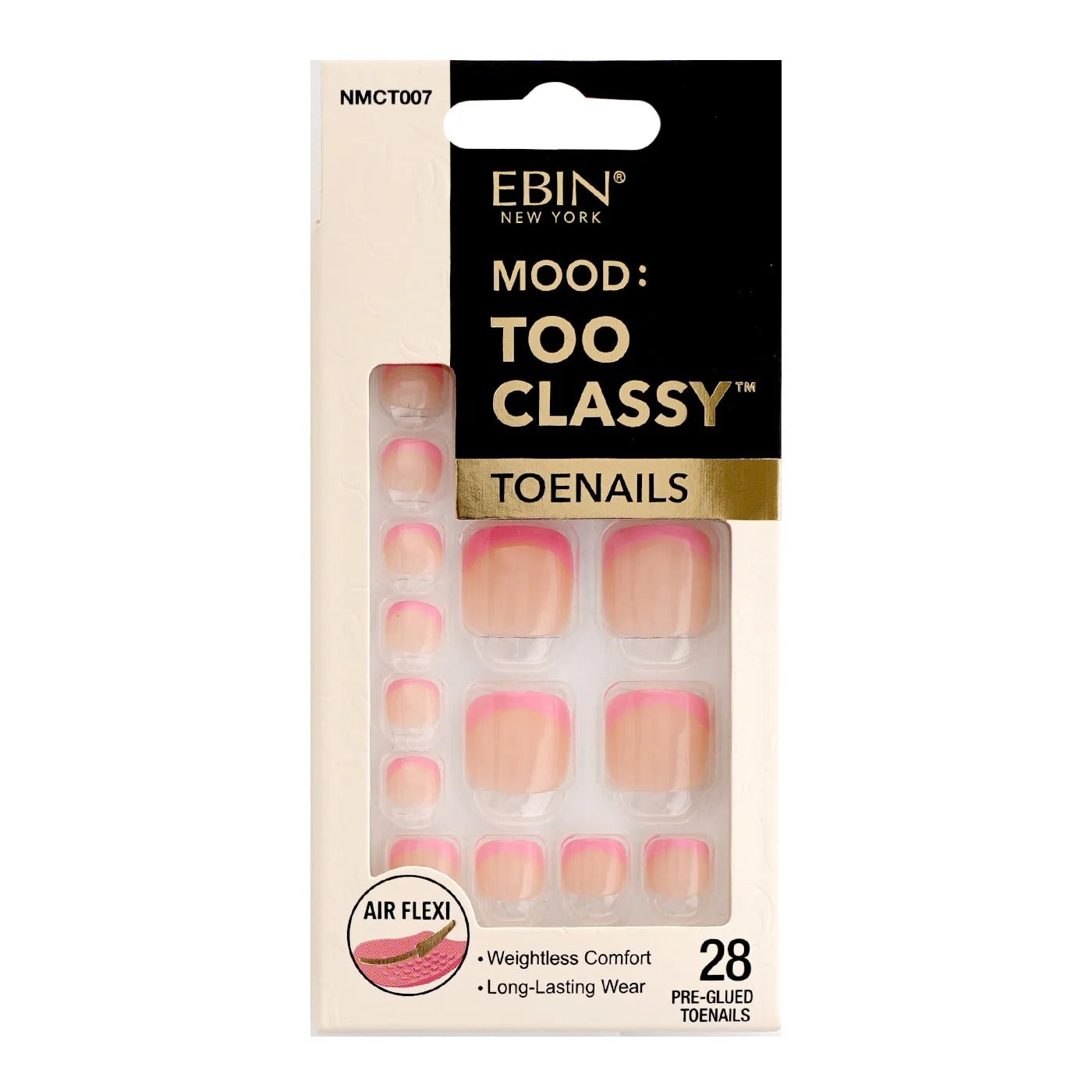 EBIN Mood Too Classy pre glued toenails nude base with hot pink French press on toenails 28 pack