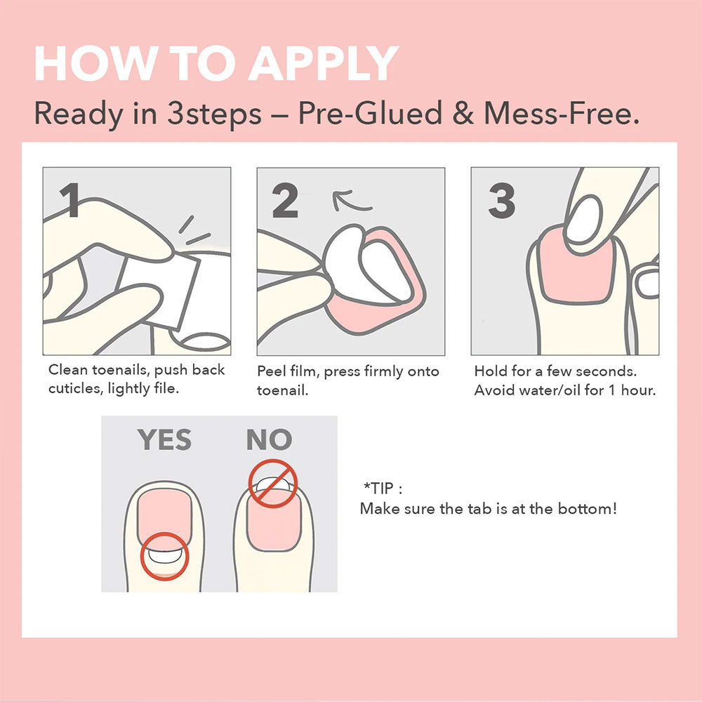 EBIN diagram showing three step instructions to apply hot pink press on toenails pre glued mess free with tab placement tip