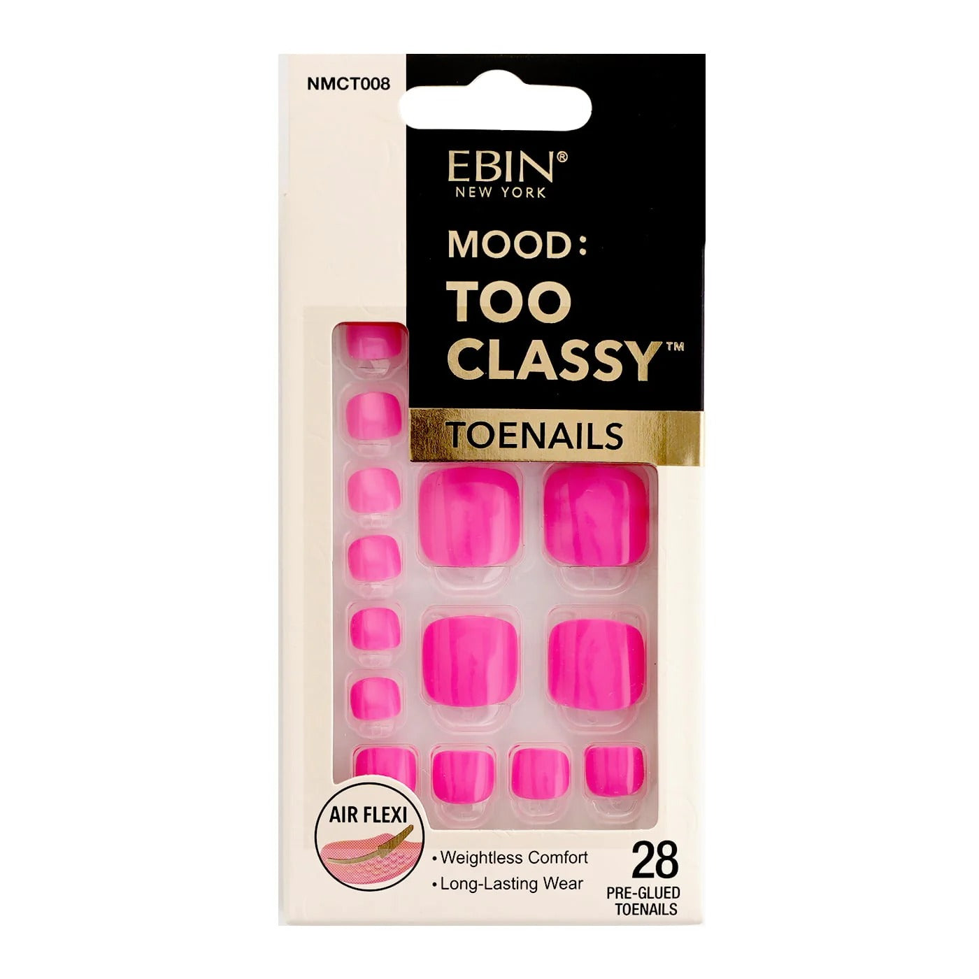 EBIN Mood Too Classy hot pink press on toenails pre glued 28 piece glossy square toenail tips