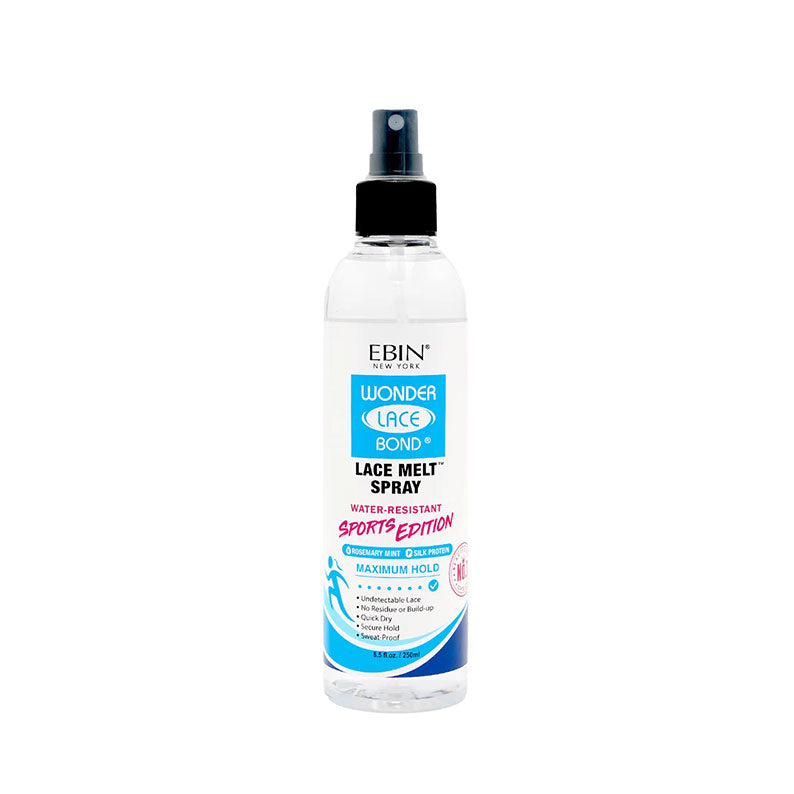 EBIN Wonder Lace Bond lace melt spray for wigs clear bottle with blue label and black spray nozzle