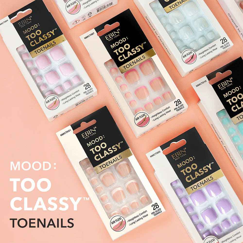 EBIN Mood Too Classy packaged lavender press on toenails set of 28 displayed with assorted color toenail packs