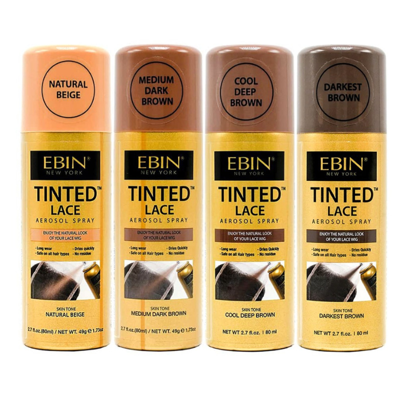 EBIN tinted lace aerosol spray lineup including medium dark brown lace tint spray and three other shades