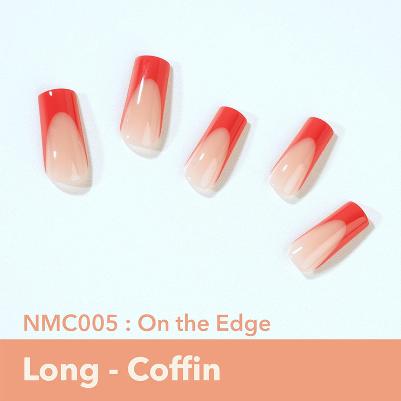 EBIN set of five long coffin press on nails with red ombre French tips makeup NMC005 On the Edge