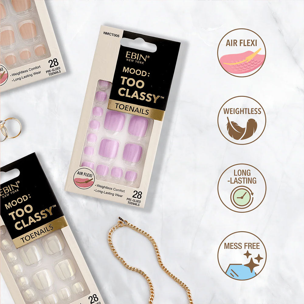 EBIN Mood Too Classy toenails packaging on marble background showing pastel sets and black 3D press on toenails