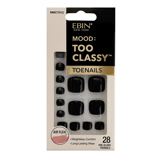EBIN Too Classy packaging showing glossy black pre glued toenail set 28 pieces black 3D press on toenails