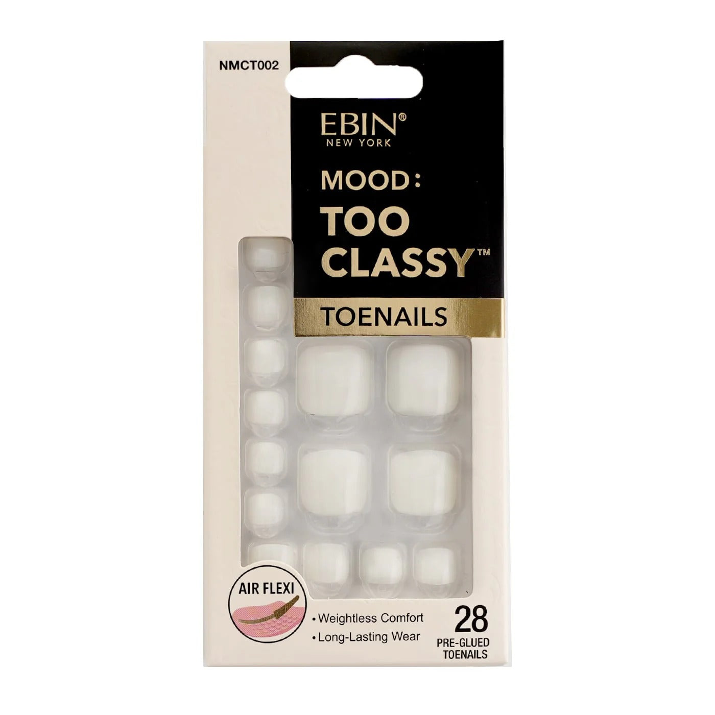 EBIN Mood Too Classy pre glued white 3D press on toenails. 28 piece set in retail packaging with air flexi comfort