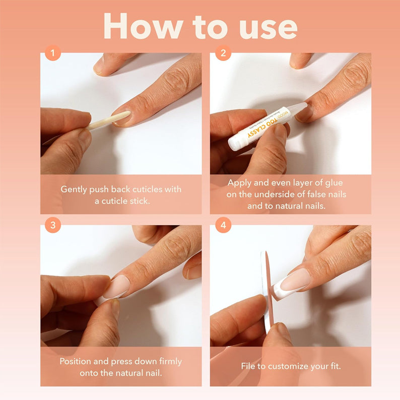 EBIN nude 3D press on nails application steps showing cuticle prep glue application pressing and filing