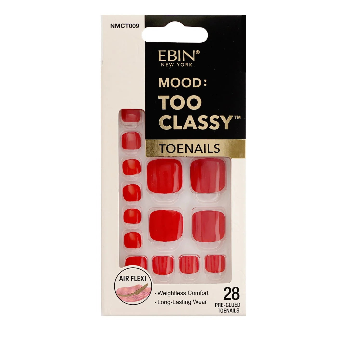 EBIN Mood Too Classy pre glued red 3D press on toenails pack of 28 glossy square toenails