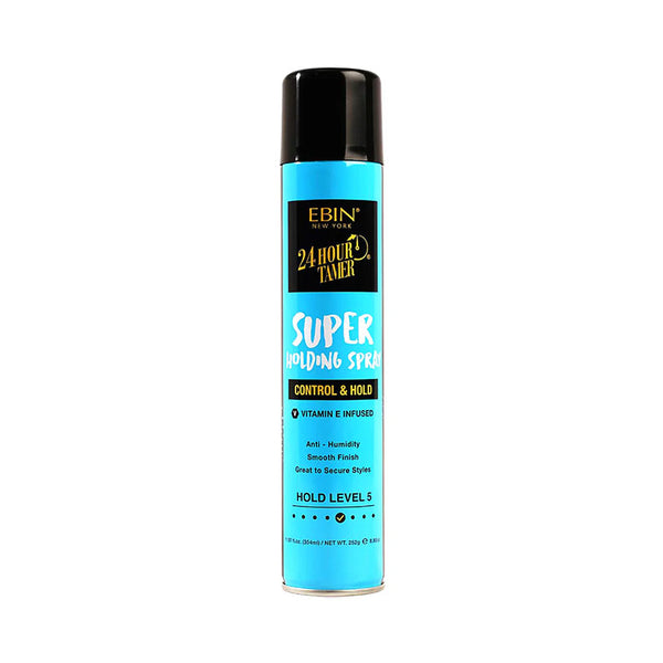 Ebin 24 Hour Tamer blue aerosol can super holding spray for wigs strong hold level 5 anti humidity