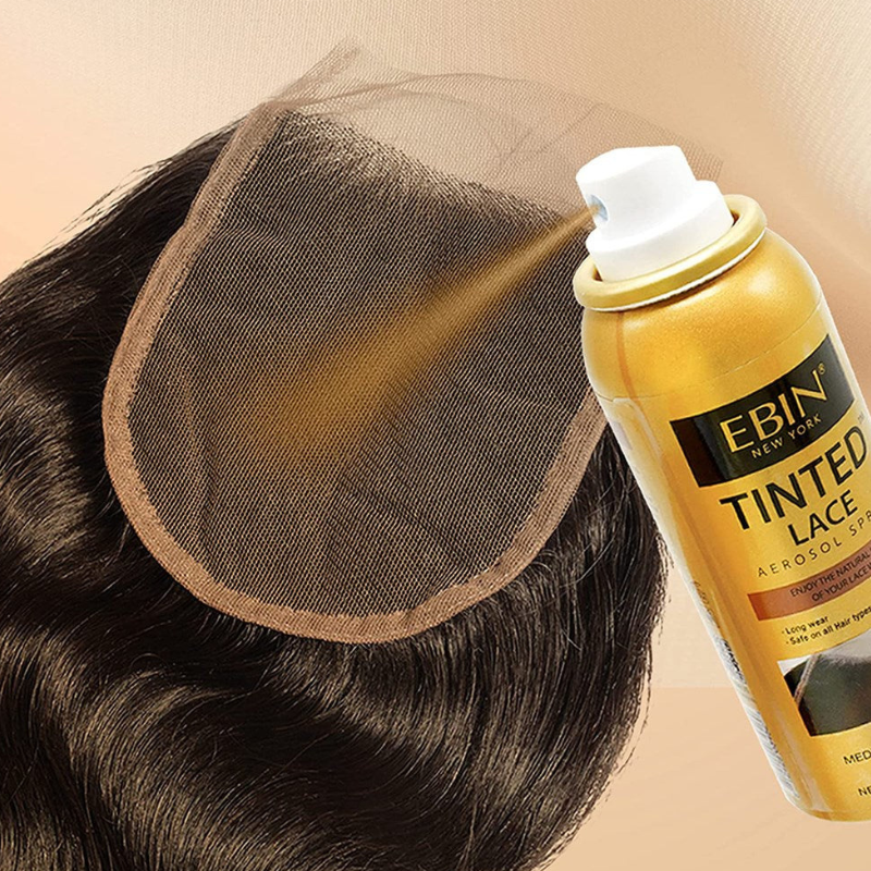 EBIN tinted lace spray natural beige aerosol can spraying a lace closure on dark brown wig for natural scalp blending
