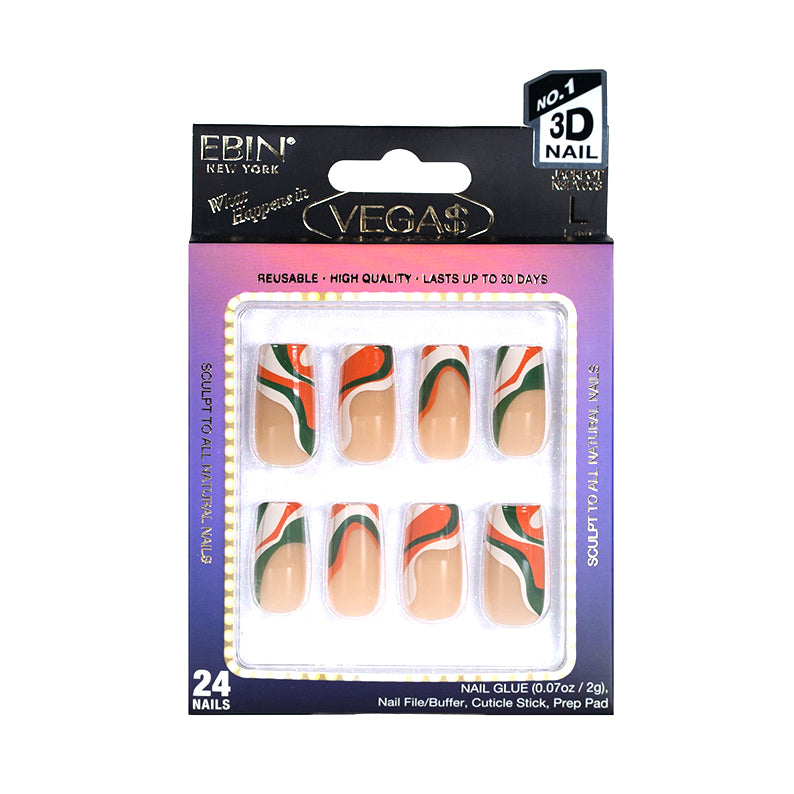 EBIN Vega 24 piece 3D press on nails set beige with orange and green swirl design reusable salon look