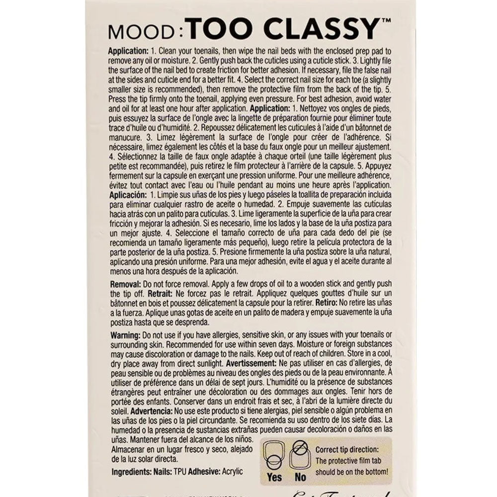 EBIN MOOD Too Classy product back packaging showing application instructions for white chrome press on toenails