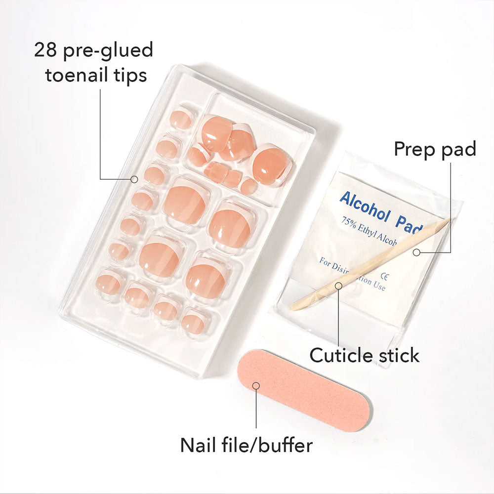 EBIN makeup press on toenail kit with 28 pre glued nude tips file cuticle stick and white French press on toenails
