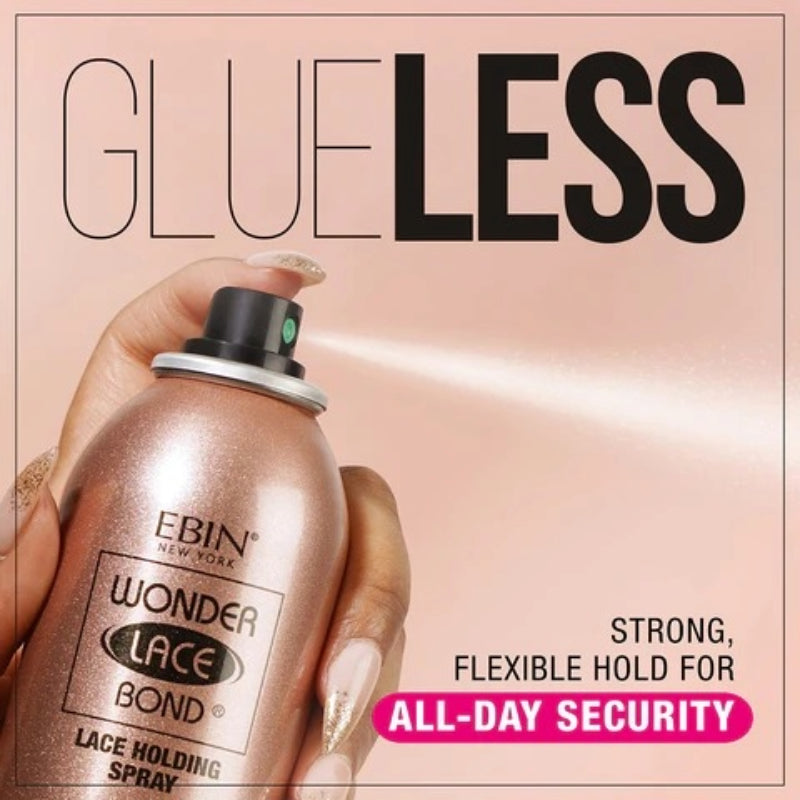 EBIN wonder lace bond adhesive spray rose gold can being sprayed to secure lace wigs and edges