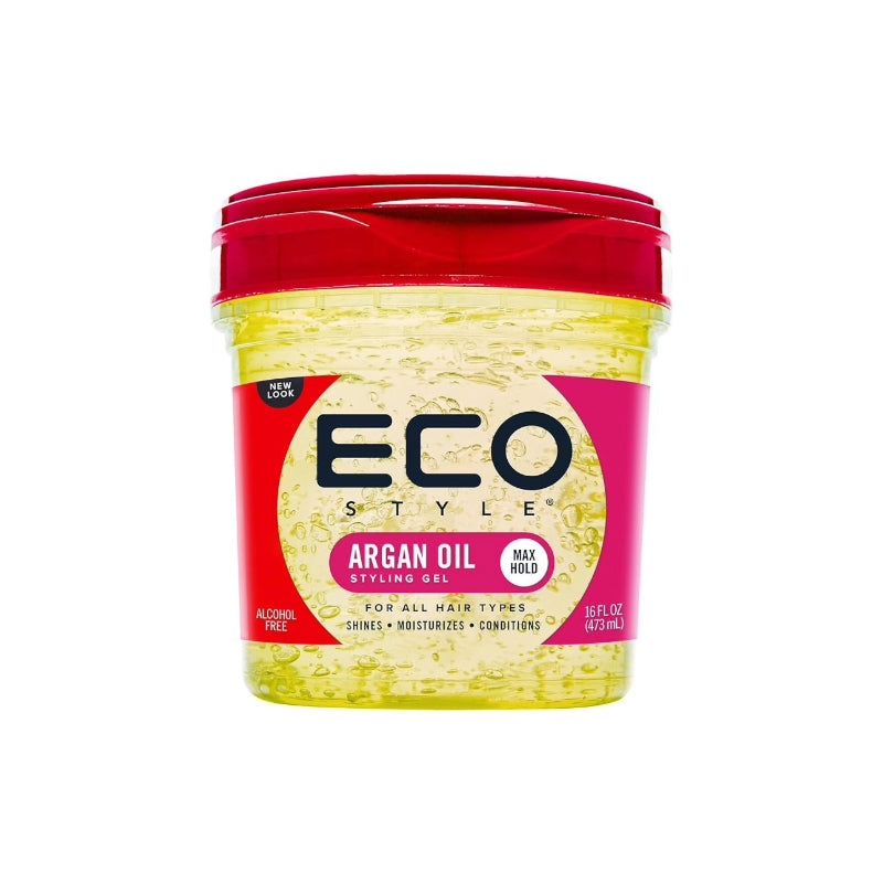 ECO STYLE argan oil hair gel in clear yellow jar with red lid for styling and moisturizing hair