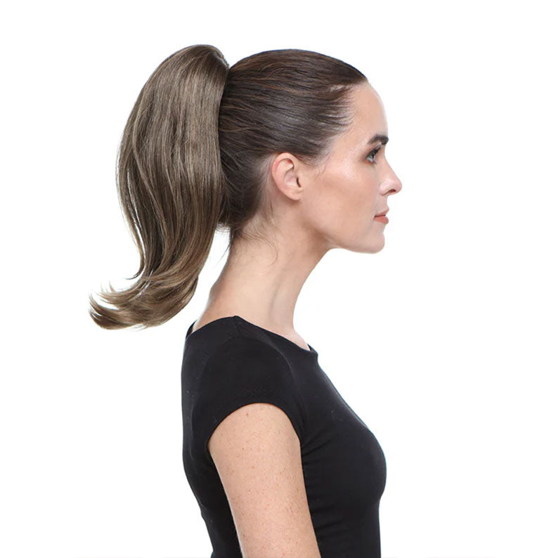 HAIR COUTURE drawstring ponytail with claw clip ash brown high sleek ponytail on model side profile