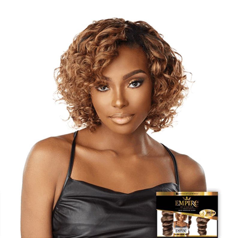 SENSATIONNEL Empire human hair weave short curly brown hairstyle on woman with black top