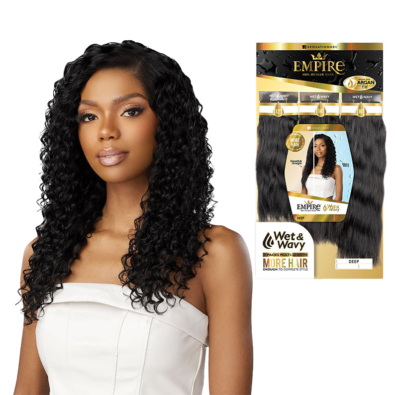 SENSATIONNEL wet and wavy deep wave weave black natural looking synthetic hair pack and styled model
