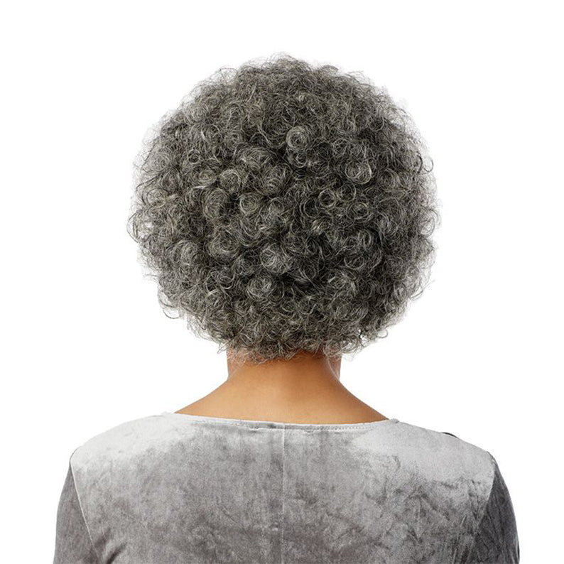 SENSATIONNEL salt and pepper human hair wig short curly afro back view on model wearing gray top