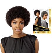 SENSATIONNEL short curly afro wig model and packaging showing salt and pepper human hair wig in short textured style