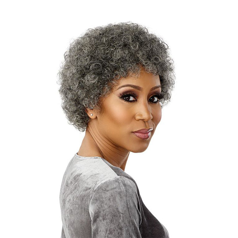 SENSATIONNEL salt and pepper human hair wig short curly tapered pixie style on model showing natural texture