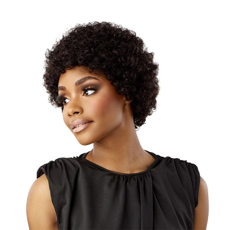SENSATIONNEL salt and pepper human hair wig short curly afro style in natural black brown for everyday wear