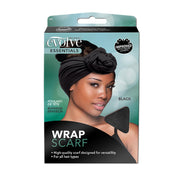 FIRSTLINE Evolve Essentials black wrap scarf for hair tied in a front knot on a model