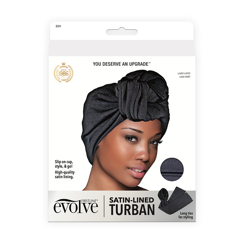 FIRSTLINE packaging showing black satin lined turban for natural hair worn by model with styling ties