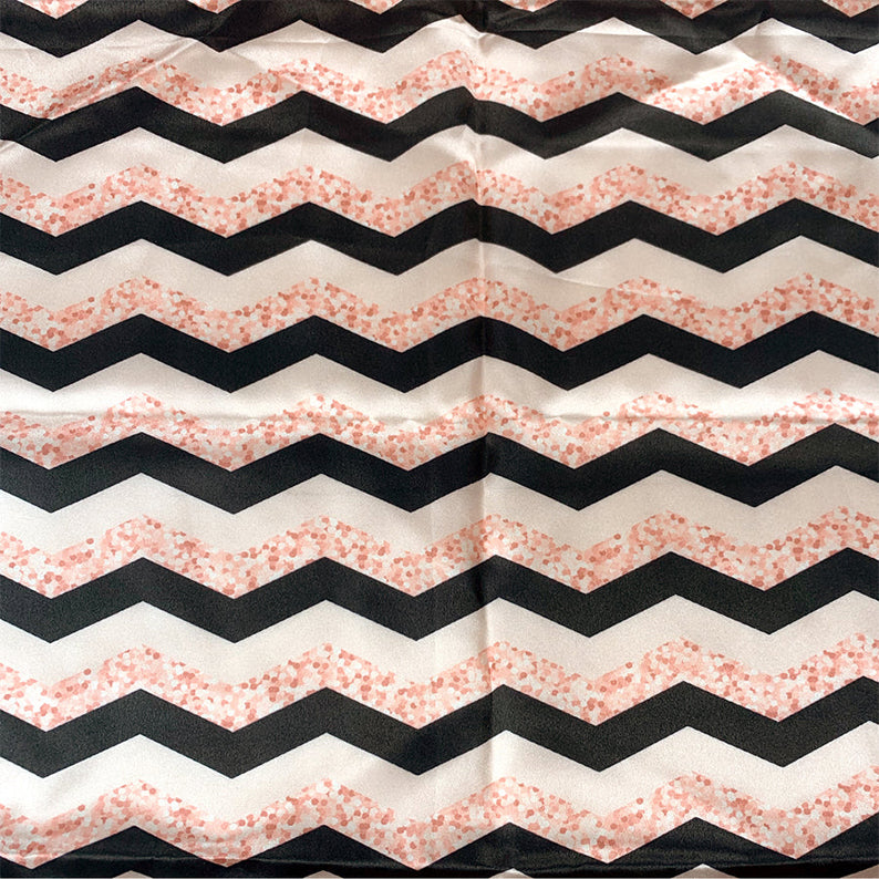 FIRSTLINE silky wrap scarf for hair with black and blush pink chevron zigzag pattern on white satin fabric