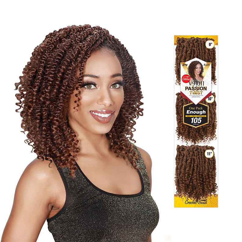 ROYAL IMEX passion twist crochet hair braids in dark brown curly texture on smiling woman