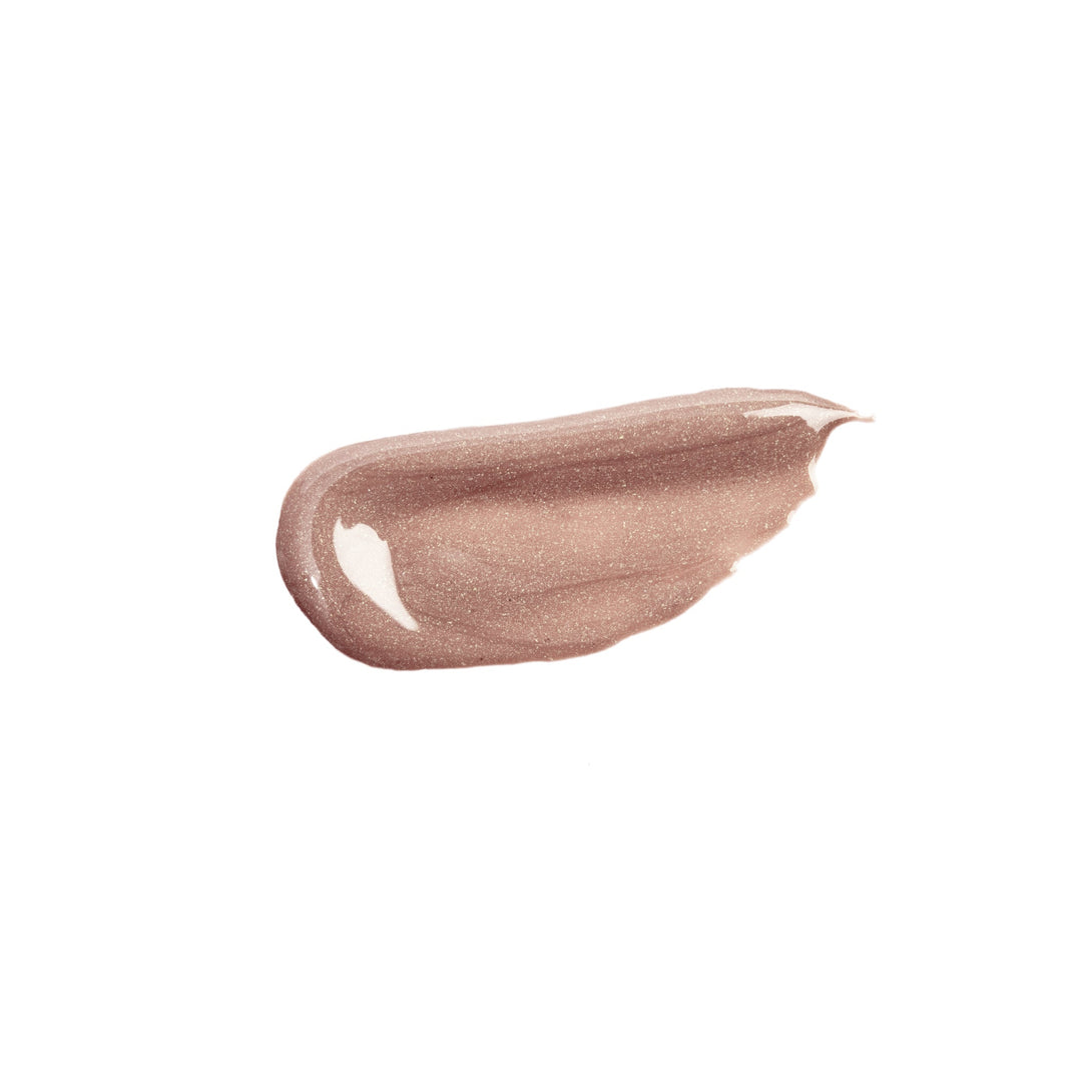 NICKA K makeup liquid glow blush swatch in shimmery neutral shade on white background