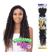Model wearing Freetress Hipsta Loc 18 inch braids. SHAKE N GO long curly faux locs shown with packaging