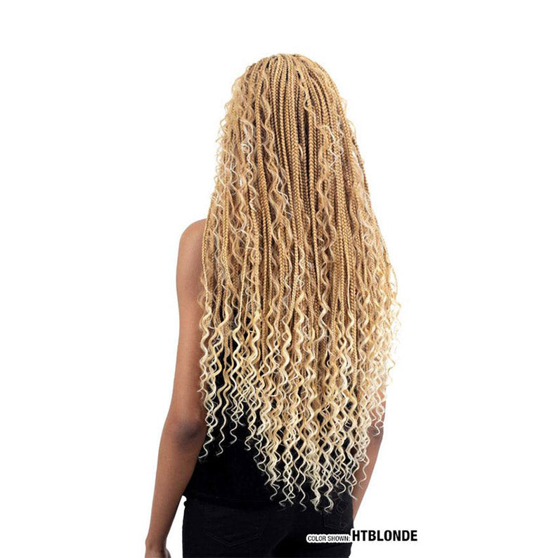 Freetress Rebel Boho Braid 26 inch rear view long light blonde boho box braids with wavy curly ends by SHAKE N GO
