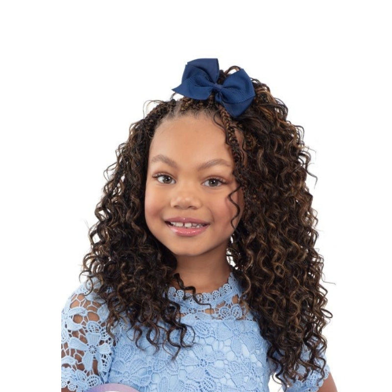 SHAKE N GO kids deep curl braids styled on a girl with a blue bow and blue lace dress