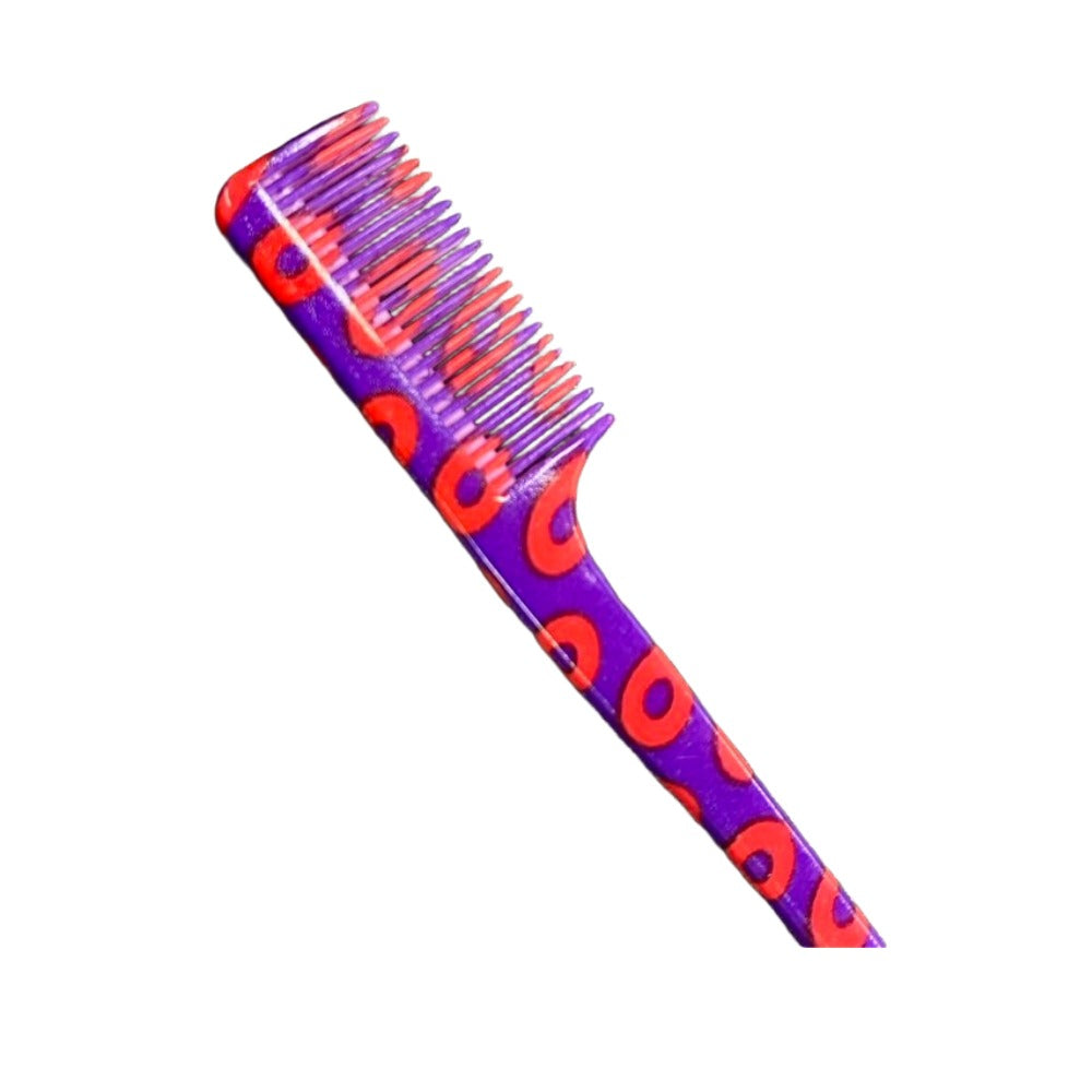 RED BEAUTY by KISS purple plastic patterned edge brush for baby hairs with red dot design and fine teeth