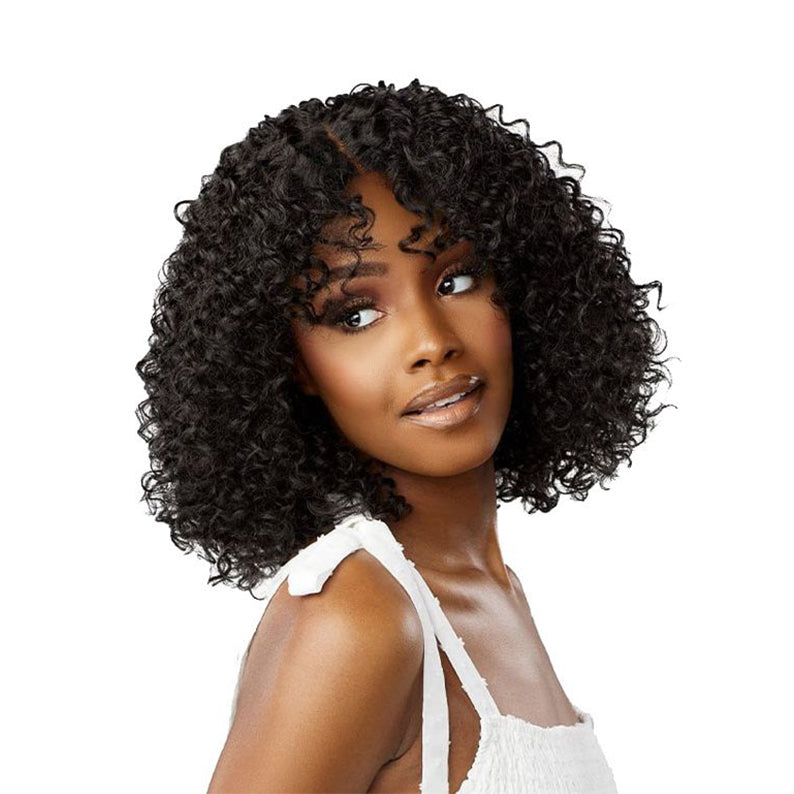 Sensationnel curly black shoulder length bob on model wearing white top HD lace front wig pre-plucked