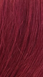 Burgundy straight human hair wig with bangs showing smooth strands and natural shine for styling