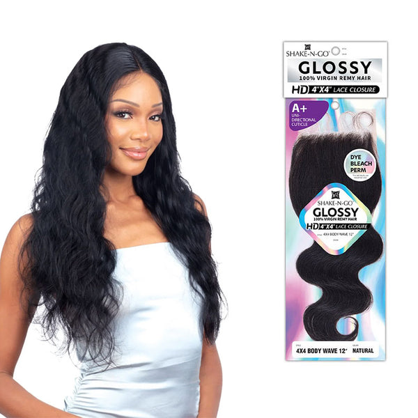 SHAKE N GO 4x4 body wave lace closure wig in natural black shown on model with long wavy hair and package