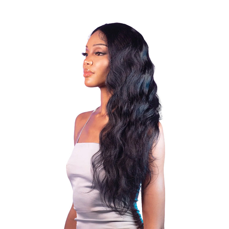 SHAKE N GO 4x4 body wave lace closure wig long natural black waves with side part on model