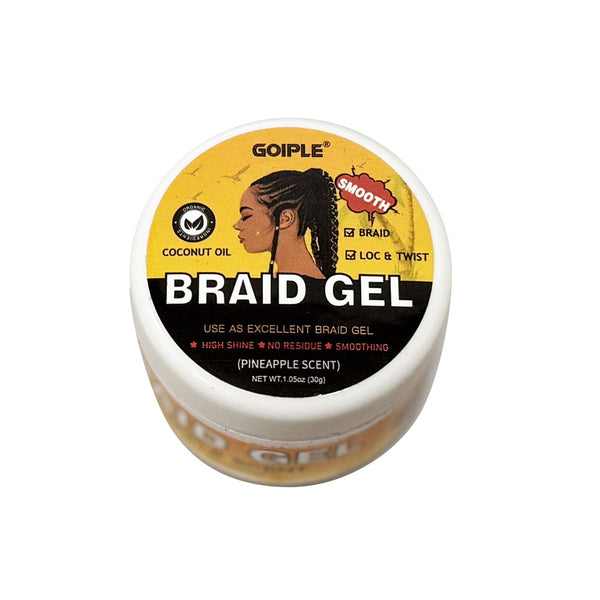 GOIPLE coconut oil braid gel free gift jar with yellow label and braided hairstyle illustration