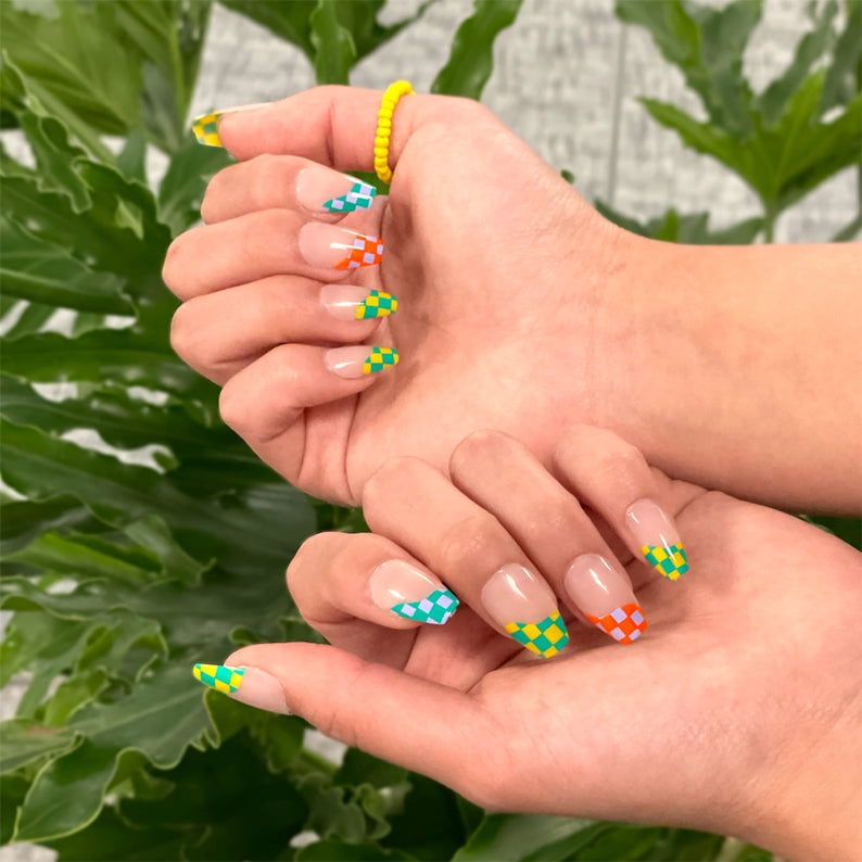IVY BEAUTY by KISS blue geometric press on nails checkerboard French tips in blue green yellow orange