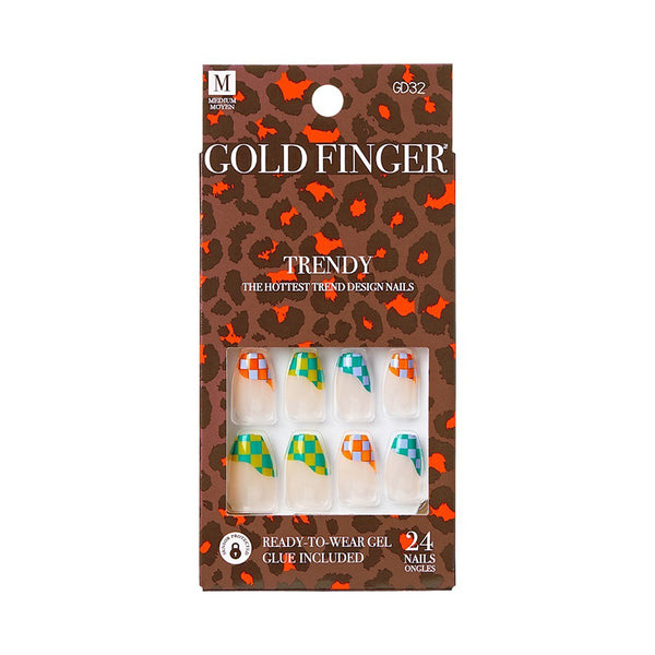 IVY BEAUTY by KISS Gold Finger trendy set with blue geometric press on nails checker tips 24 nails