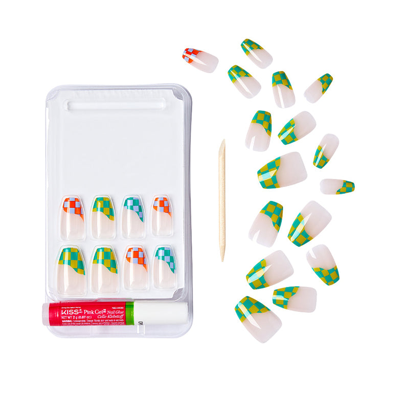 IVY BEAUTY by KISS blue geometric press on nails set with green and yellow checker tips adhesive glue tube and wooden stick