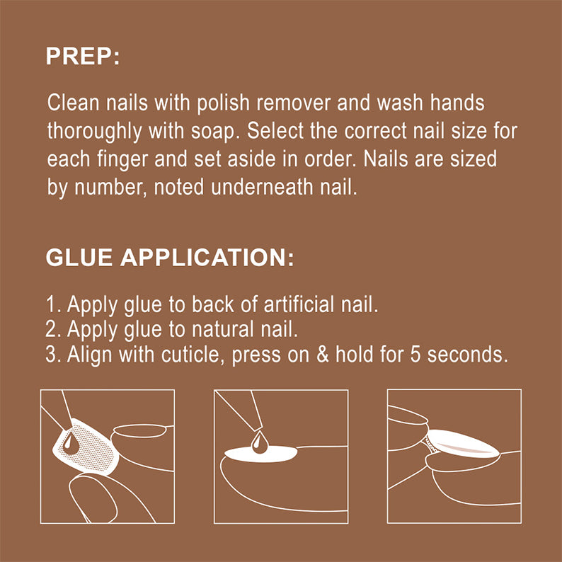 IVY BEAUTY by KISS Gold Finger solid color fake nails instruction card showing prep and glue application steps