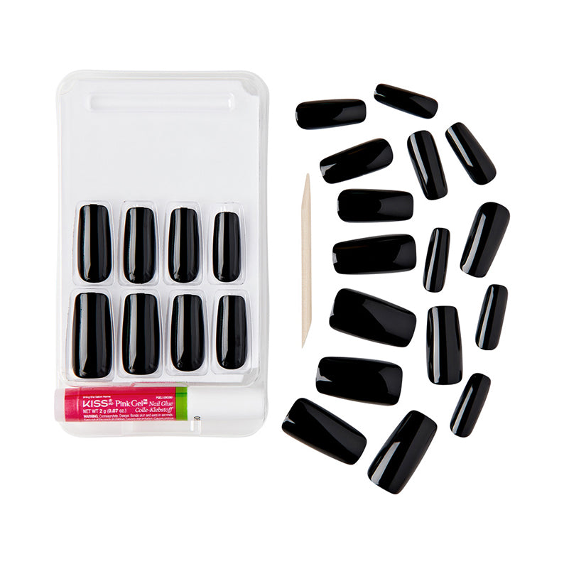 IVY BEAUTY by KISS glossy black press on nail set with glue and applicator Gold Finger solid color fake nails